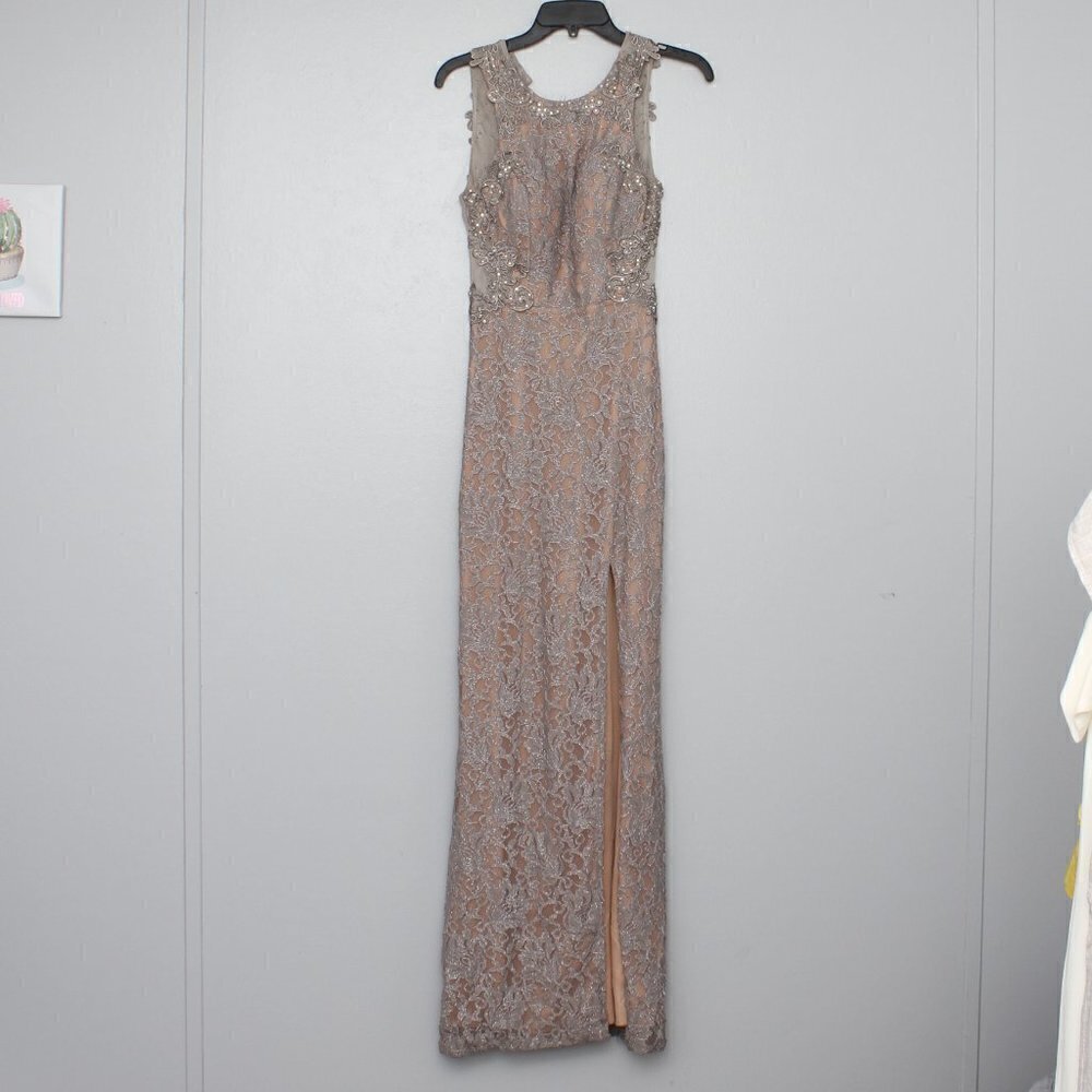 Jodi Kristopher nude tan beaded lace formal prom wedding dress